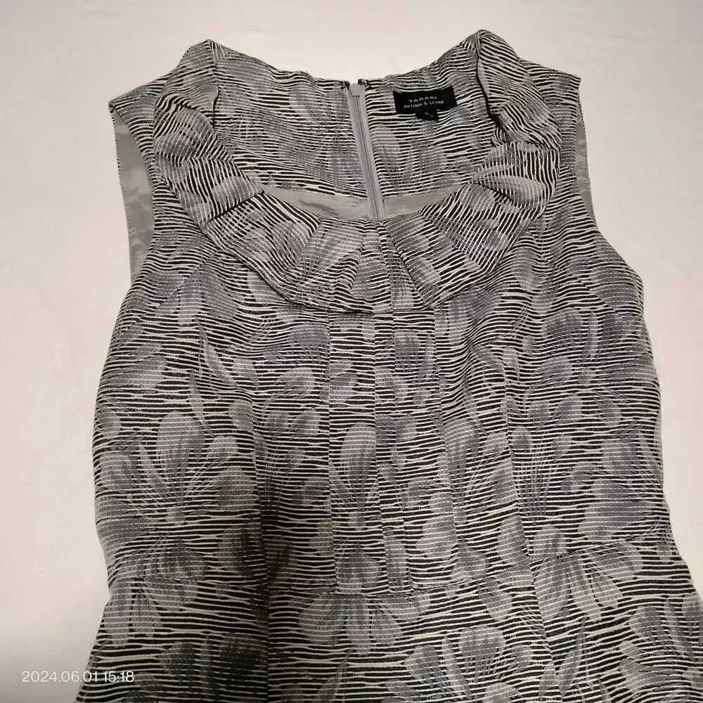 Tahari ASL Gray Black Pleated Collar Lined Sheath Sleeveless Collar Dress Size 4 - Picture 6 of 11